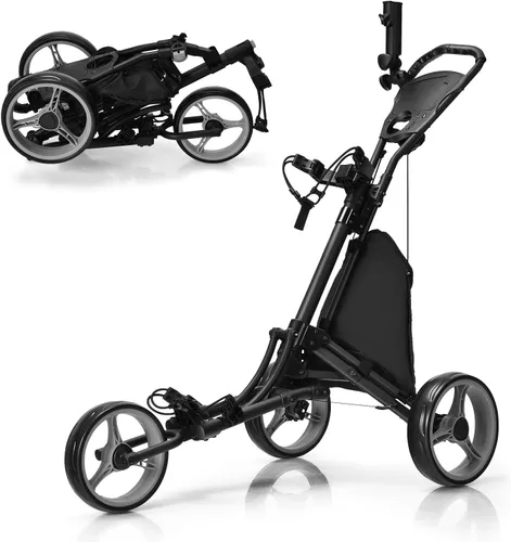 Tangkula Carrito de golf de empuje, carrito de empuje plegable de aluminio ligero de 3 ruedas, carrito de golf con correa elástica, paraguas y