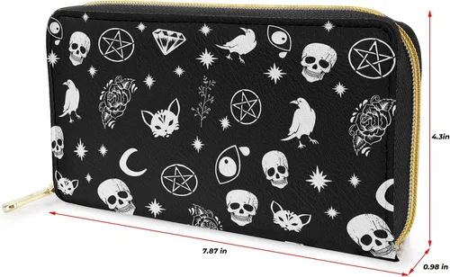 Miniatura 2 de Cartera larga con cremallera para mujer, organizador multifunción, bolso de mano, gato calavera, Cartera larga con cremallera alrededor