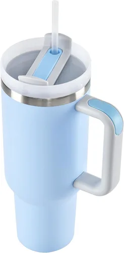 Miniatura 2 de Vaso de 40 onzas con asa, popote, tapa, botella de agua de acero inoxidable aislada al vacío, taza de viaje de aventura para café helado, té