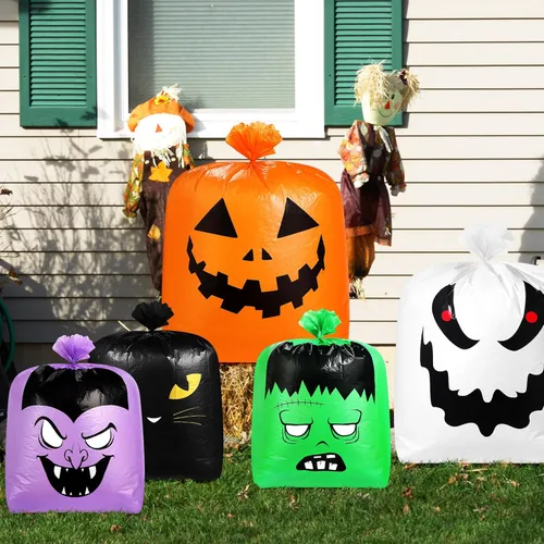 Miniatura 5 de Qilery 6 bolsas de césped de hojas de Halloween, bolsas de basura de calabaza de plástico para hojas con lazos giratorios para Halloween, patio
