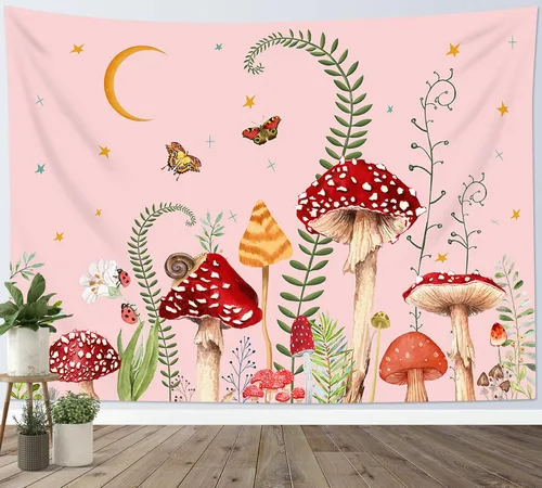 Miniatura 34 de LB Tapiz de hongos para colgar en la pared, luna y estrella en beige, tapiz de pared para dormitorio, estética de planta verde, arte de pared