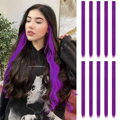 Miniatura 10 de FESHFEN Extensiones de cabello con clip de colores, 16 piezas de 8 colores resaltados, piezas de cabello sintético lacio con clip para mujer, 22