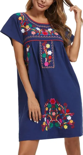 Miniatura 5 de YZXDORWJ - Vestido mexicano bordado de manga corta para mujer