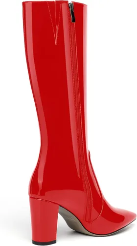 Miniatura 61 de AMBELIGHT Botas altas hasta la rodilla con cremallera y puntera puntiaguda para mujer, de patente sólida, tacón alto, 3.3 pulgadas