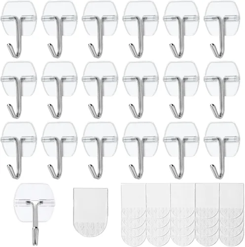 Miniatura 10 de 16 ganchos grandes + 20 tiras, ganchos transparentes con tiras extraíbles sin daños, ganchos de pared resistentes para colgar decoración del hogar