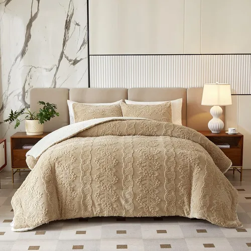 Juego de edredón de lujo de franela de forro polar, tamaño individual, edredón jacquard bohemio a rayas de plumón alternativo caqui, juego de ropa
