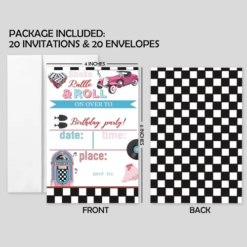 Miniatura 2 de 20 juegos de invitaciones de fiesta de cumpleaños de los años 50 con sobres, retro de los años 50 Jukebox a cuadros de doble cara impresas