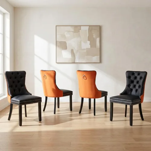 Miniatura 150 de OVENTA Juego de 4 sillas de comedor modernas tapizadas copetudas, terciopelo negro y gris y cuero con patas de madera maciza, sillas de cocina