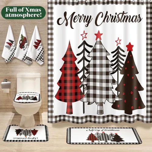 Miniatura 6 de Newwiee Juego de 7 Piezas para Baño de Navidad Decoración de Cortina de Ducha Xmas Cortina de Ducha Alfombras Antideslizantes y Toallas de Cocina 3