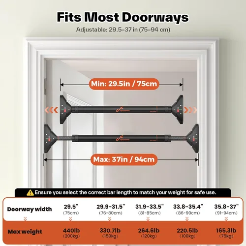 Miniatura 7 de Sportneer Pull Up Bar Doorway Chin Up Bar No Screws Door Frame Chin Up Push Up Sit Up Bar Adjustable 75-94cm (29.5''-37'') Up to 200kg Capacity