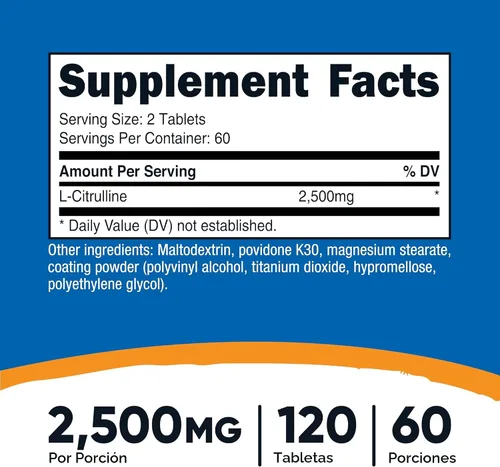Miniatura 2 de Nutricost L-citrulina 2500 mg por porción, 60 porciones, 1250 mg por tableta, 120 tabletas - Suplemento sin OMG y sin gluten