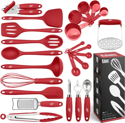 Kaluns Juego de utensilios de cocina de silicona, juego de 24 utensilios de cocina, abrelatas, triturador, espátula, 446 °F, resistente al calor,