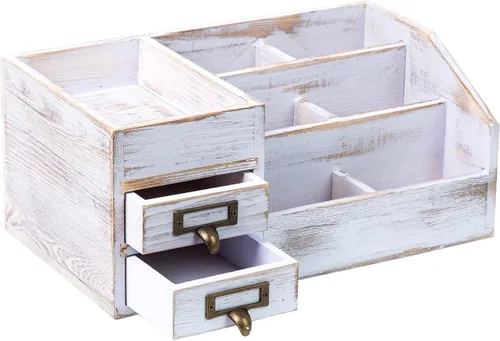 Miniatura 3 de Organizador de escritorio de oficina de madera rústica envejecida, estante organizador de mesa para el hogar con múltiples compartimentos, cajones