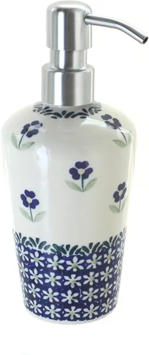 Cerámica polaca de rosa azul, dispensador de jabón de margaritas azules, 6.75 pulgadas de alto, accesorio de baño de cerámica polaca pintado a mano