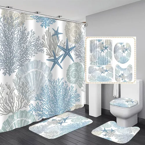 Nkzply 4 piezas de cortina de ducha de playa azul, juegos de baño con cortina de ducha y alfombras, juego de cortina de ducha de océano, decoración