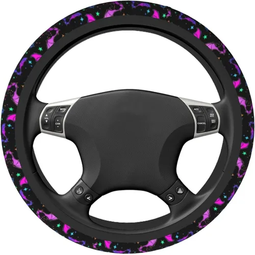 Miniatura 2 de Funda de volante para mujeres y hombres, coloridos murciélagos de Halloween, protector de volante de neopreno morado, ajuste universal