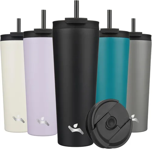 Miniatura 45 de Konokyo Vaso aislado de 18 onzas con tapa y 2 pajillas, botella de agua de acero inoxidable, taza de viaje al vacío, taza de café, color blanco ángel
