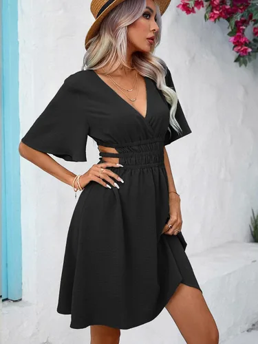 Miniatura 5 de Milumia Vestido corto acampanado con cuello en V y mangas de mariposa para mujer