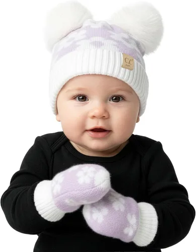 Miniatura 15 de Funky Junque Conjunto de gorro y mitones con doble pompón de pelo sintético para bebé – Gorro de invierno para recién nacidos de 0–9 meses