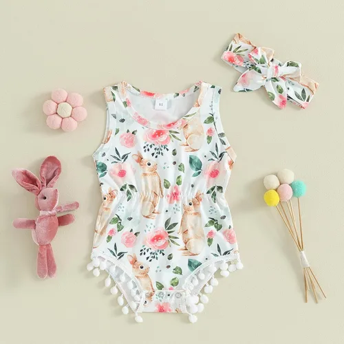 Miniatura 2 de AEEMCEM Traje de Pascua para bebé recién nacida, con estampado floral, sin mangas, con borla, mameluco de una pieza con diadema