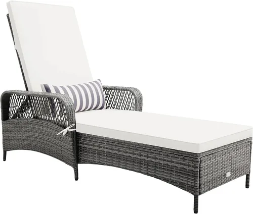 Miniatura 12 de HAPPYGRILL Sillón reclinable de ratán de polietileno para exteriores, tumbona para patio con almohada de cintura extra, silla reclinable con 6 Marrón