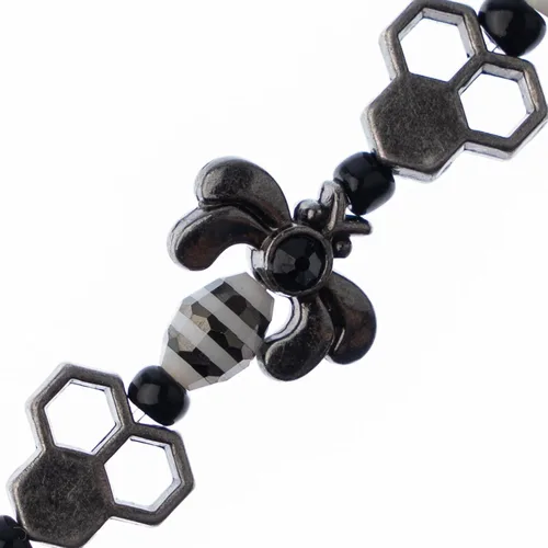 Miniatura 2 de John Bead Hilo de cuentas de 5 pulgadas en forma de panal y abejas en blanco y negro con detalles de bronce