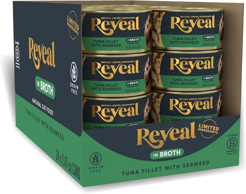 Reveal Alimento húmedo natural para gatos, 24 unidades, sin granos, alimento enlatado de ingredientes limitados para gatos, atún con algas marinas