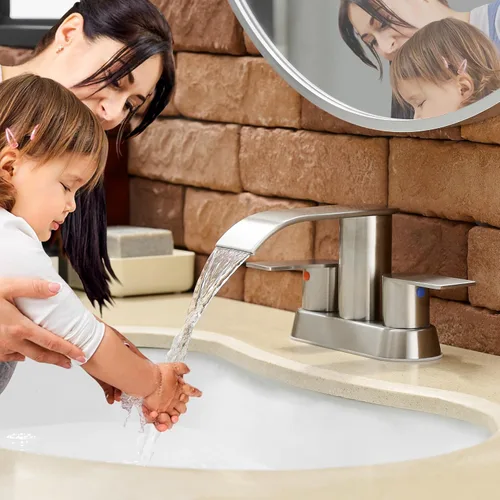 Miniatura 8 de Grifo de lavabo de baño en cascada de 4 pulgadas de níquel cepillado con llave de lavabo de baño con drenaje emergente de 2 o 3 agujeros, grifo