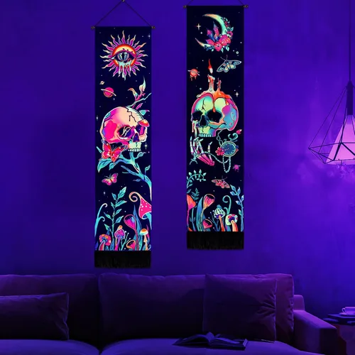 Miniatura 2 de Leofanger Paquete de 2 tapices verticales de calavera negra con luz negra, tapiz de sol y luna, tapiz de flores de mariposa y mariposa negra, tapiz