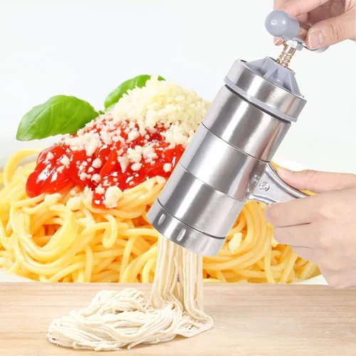 Miniatura 5 de Máquina de fideos manuales de acero inoxidable, máquina de prensa portátil para hacer pasta, herramientas de fabricación de espaguetis con 5 moldes