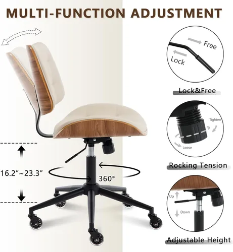 Miniatura 6 de Silla de escritorio de oficina en casa con ruedas, silla de oficina sin brazos de altura ajustable, piel sintética, respaldo medio, silla de Beige