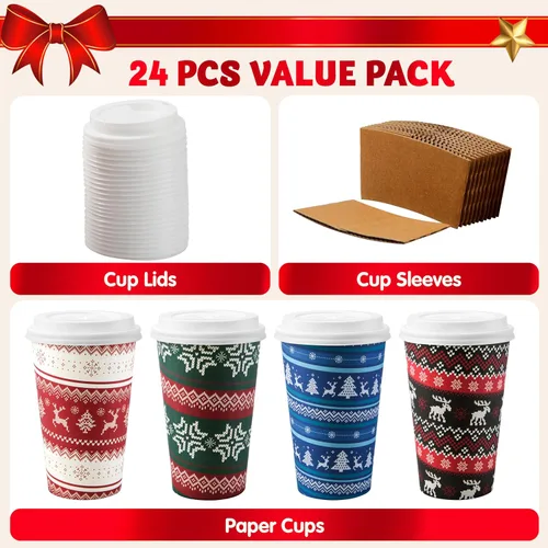Miniatura 3 de JOYIN 24 piezas de vasos de papel desechables de Navidad, vasos de fiesta de Feliz Navidad de 16 oz con mangas y tapas, 4 diseños de vajilla