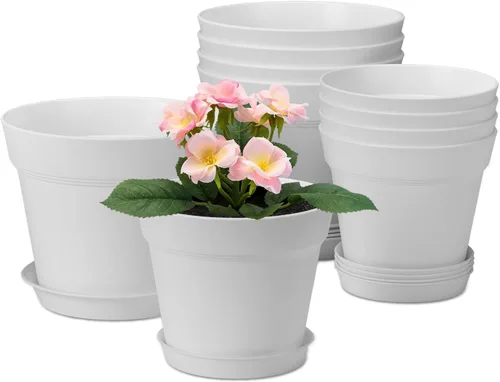 Miniatura 10 de homenote Macetas de 7.5 pulgadas para plantas, macetas de plástico para interiores con múltiples agujeros de drenaje y bandejas, para todas