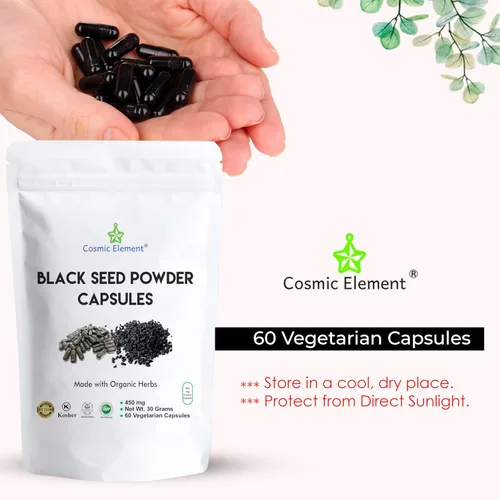 Miniatura 5 de Cosmic Element Cápsulas de polvo de semillas negras 100% puras orgánicas, veganas Nigella Sativa 450 mg de semillas de comino negro por porción