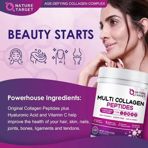 Miniatura 4 de NATURE TARGET Polvo de Péptidos de Colágeno Múltiple - Tipo I, II, III, V, X - Péptidos de Colágeno Hidrolizados con Vitamina C y Ácido Hialurónico