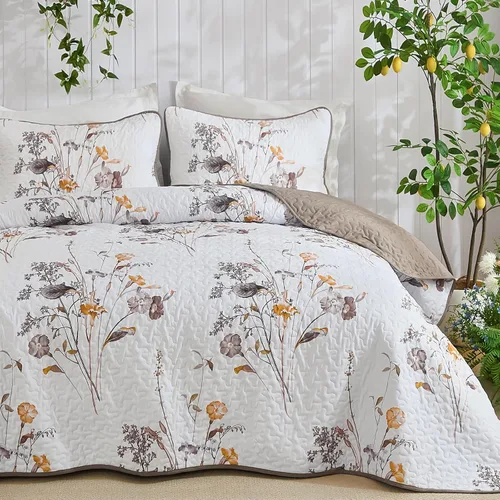 Miniatura 15 de WONGS BEDDING Juego de edredón floral verde azulado, tamaño Queen, juego de colcha de 3 piezas con patrón de plantas botánicas con 2 fundas