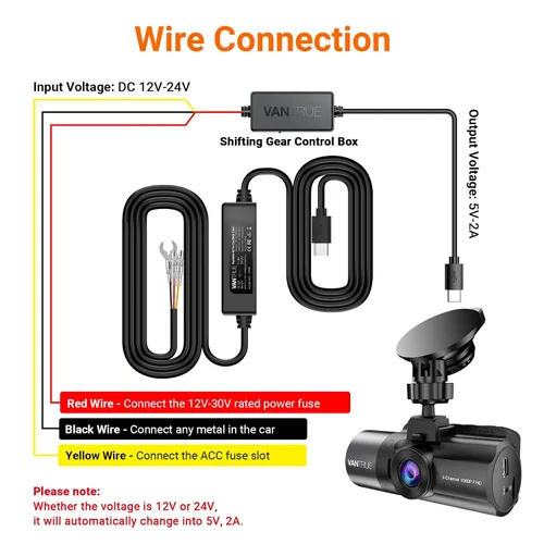 Miniatura 2 de Kit de cable duro USB-C Vantrue de 11.5 pies (12V–24V a 5V) con funcionalidad de accesorio, protección de bajo voltaje para N4(S)/N4