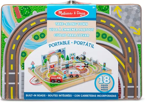Miniatura 6 de Melissa & Doug Ciudad de mesa de madera desmontable de 18 piezas, 4 vehículos de rescate, piezas de juego, puente