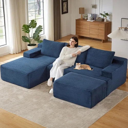Miniatura 63 de Sofá modular de 95 pulgadas con otomana, moderno sofá nube de pana con asiento profundo, sofá sin hueso tapizado de 3 plazas en forma de U para sala