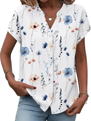 Miniatura 12 de Zeagoo Camisas con botones para mujer, camisetas de manga corta, cuello en V, blusas casuales de negocios