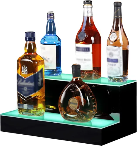 MESAlLUP - Estante de exhibición de acrílico de 16 pulgadas y 2 niveles para botellas de licor, estantes de bar iluminados con aplicación o control