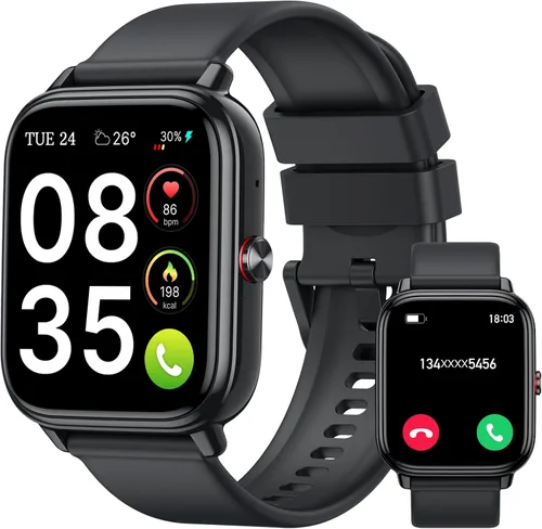 Reloj inteligente para hombres y mujeres (respuestas/hacer llamadas), monitor de fitness con pantalla táctil HD de 1.83 pulgadas, tiempo de Negro