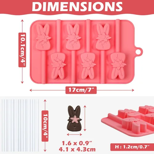 Miniatura 4 de Webake Moldes de piruleta de conejo para dulces de chocolate, 6 agujeros de silicona de conejo con palitos de piruleta, bonitos moldes de Pascua
