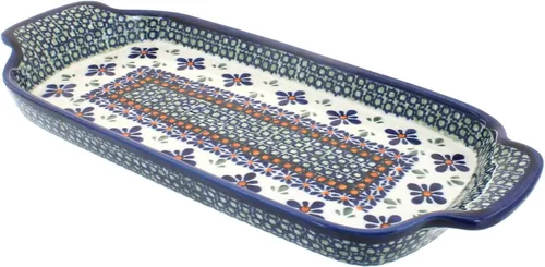 Miniatura 2 de Bandeja de pan de pavo real con flores de cerámica polaca con asas