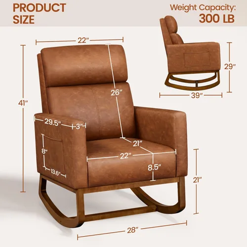 Miniatura 2 de Yaheetech - Silla deslizante de cuero, silla mecedora moderna, silla mecedora de cuero sintético para cuarto de bebé con patas de madera de goma