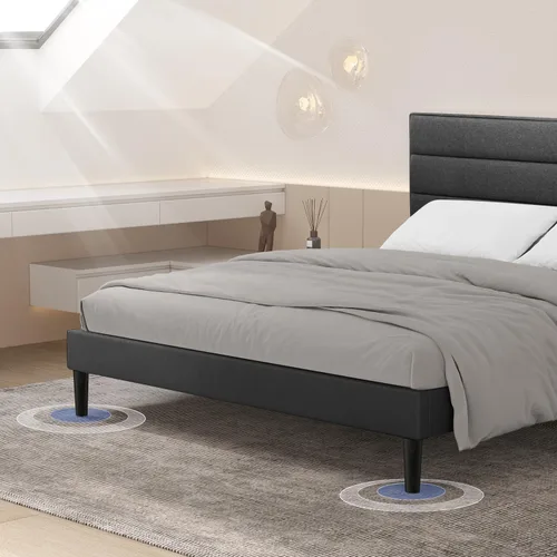 Miniatura 5 de BONSOIR Marco de cama tapizado de perfil bajo moderno de color gris de tamaño matrimonial con cabecero copetudo