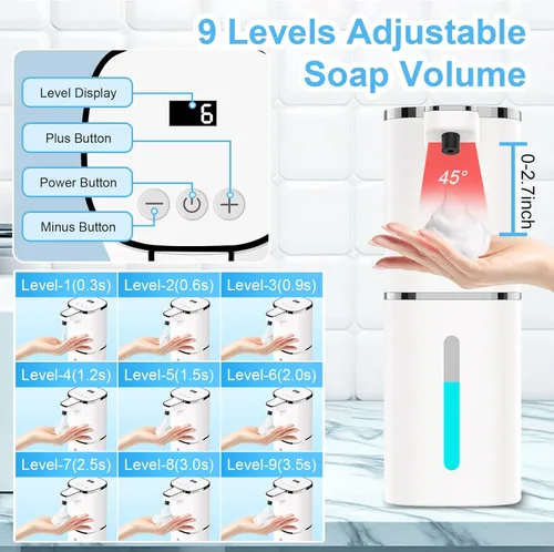 Miniatura 3 de OHIFAST Dispensador automático de jabón espumoso sin contacto, dispensador de jabón de manos inteligente recargable por USB, 9 niveles ajustables