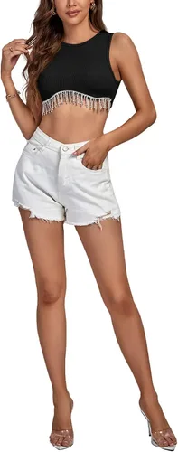 Miniatura 6 de Rooscier Camiseta corta sin mangas con diamantes de imitación acanalados para mujer