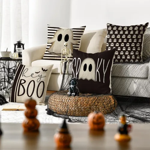 Miniatura 2 de AVOIN colorlife Juego de 4 fundas de almohada de Halloween Hey Boo con diseño de fantasma, 16 x 16 pulgadas, para sofá