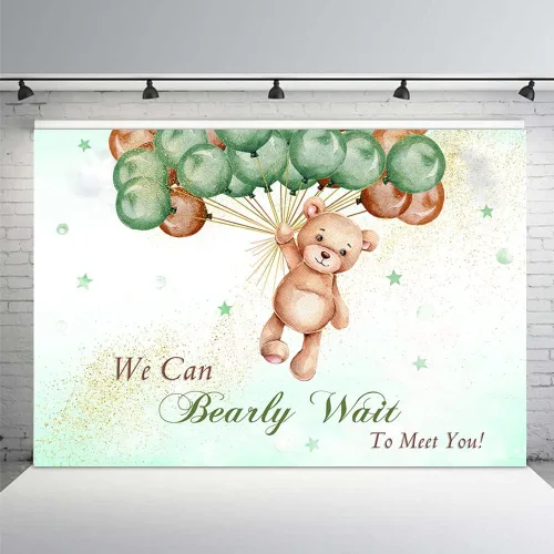 MEHOFOND Telón de fondo de baby shower con texto en inglés "We Can Bearly Wait to Meet You" de 10 x 7 pies, globos verdes y marrones, purpurina